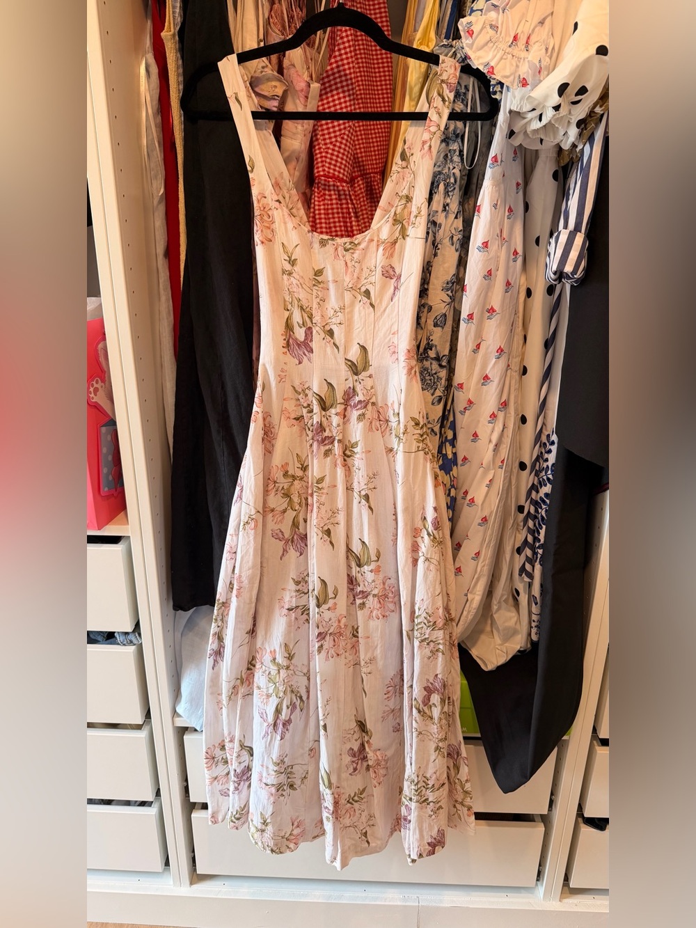 H&M Blush Pink Floral Midi Dress with Green Accents
